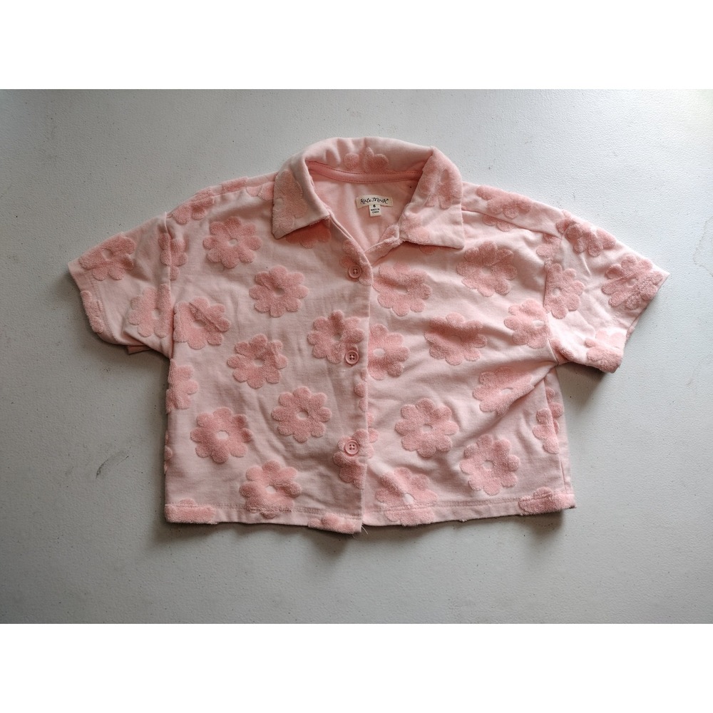 Kate Mack Girls Pink Terry Cloth Floral Button‎ Down Shirt Size 6 Short Sleeve